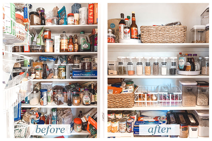 a before shot on the left and an after shot on the right of the kitchen pantry