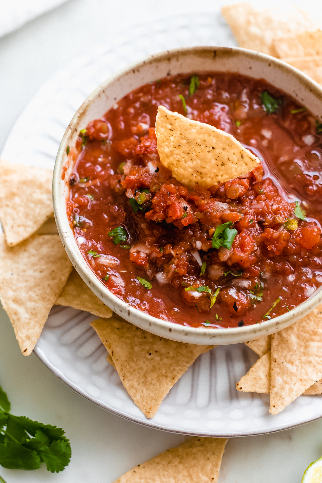scattered tortilla chips on plate with a bowl of chunky salsa