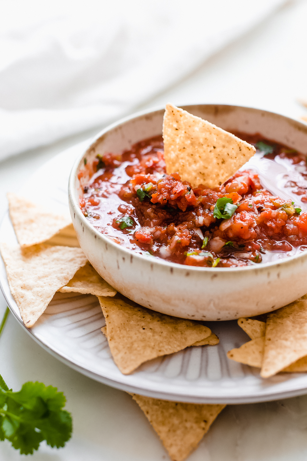 side shot of bowl on white plate with salsa with scattered tortilla chips