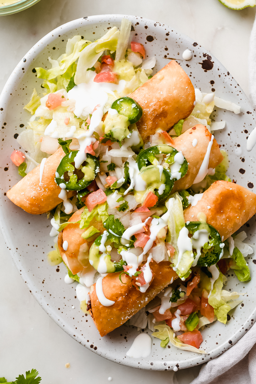 speckled plate with loaded fried chicken taquitos with lettuce, pico de Gallo, crema, and jalapeños 