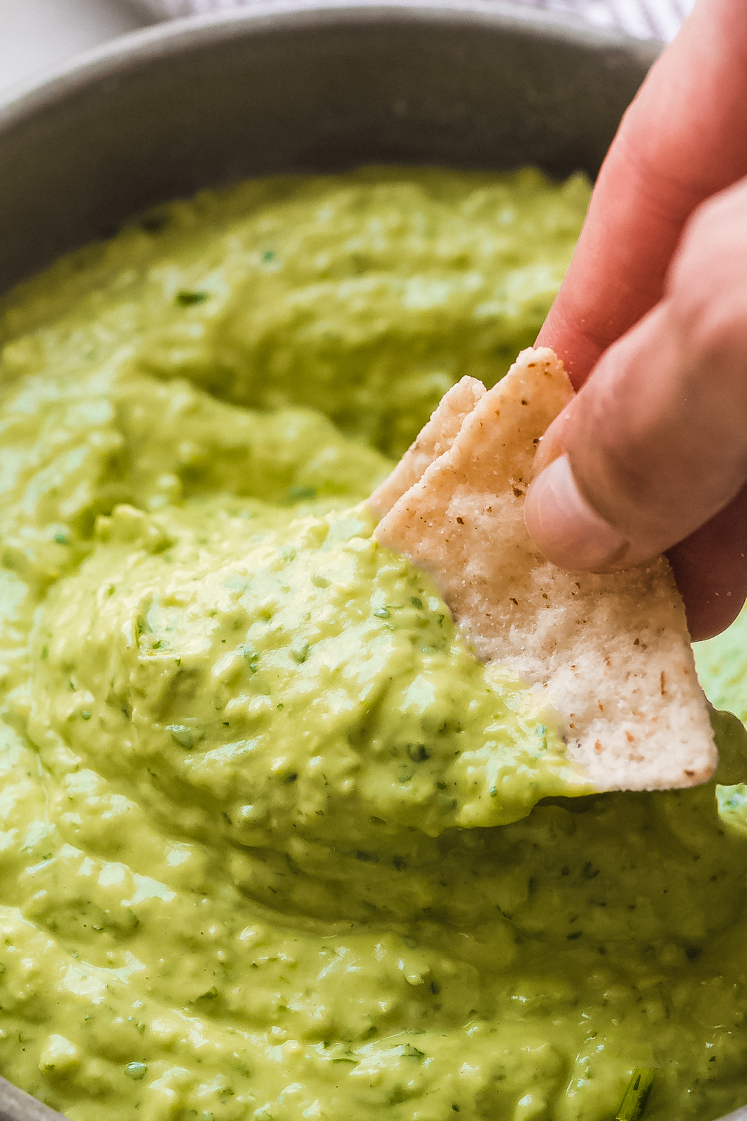 close up of avocado dip with two tortilla chips being dipped so show texture