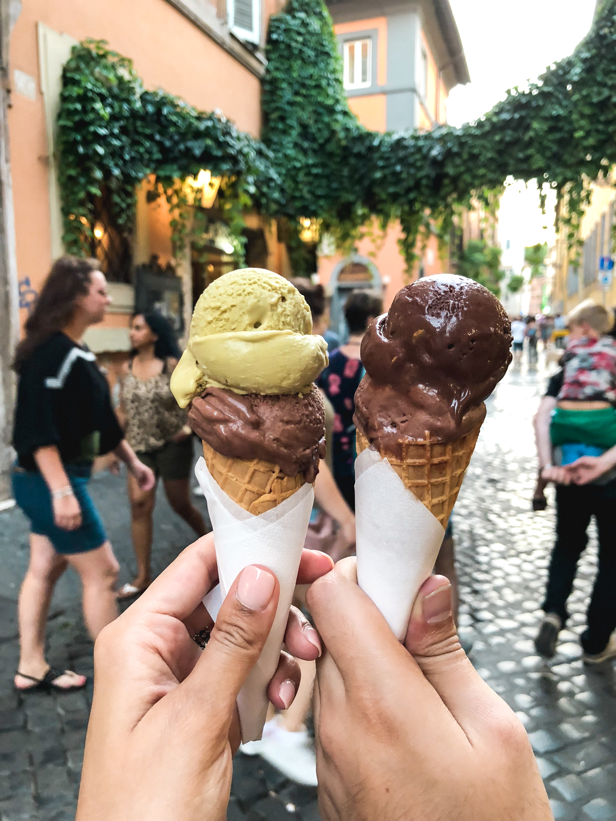gelato cones with chocolate and pistachio gelato in Trastevere