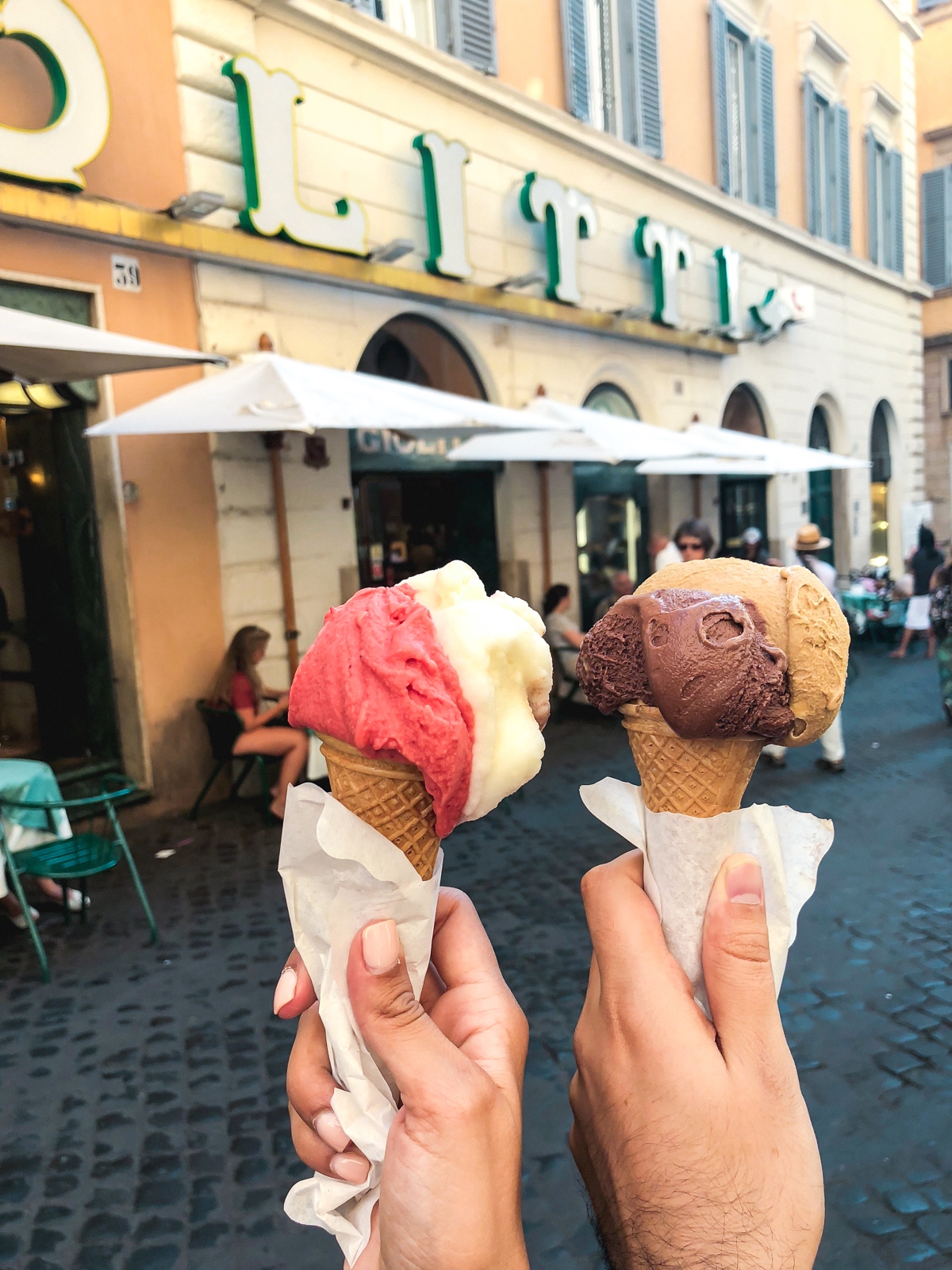 strawberry and lemon gelato for me with espresso and chocolate gelato for hubby from Giolitti 