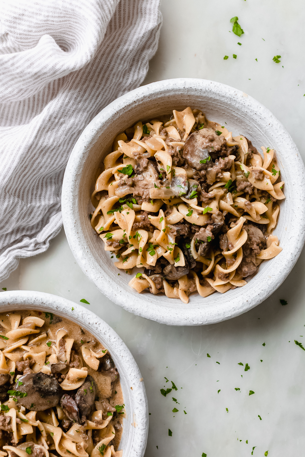 bowls with beef stroganoff with egg noodles dusted with fresh parsley