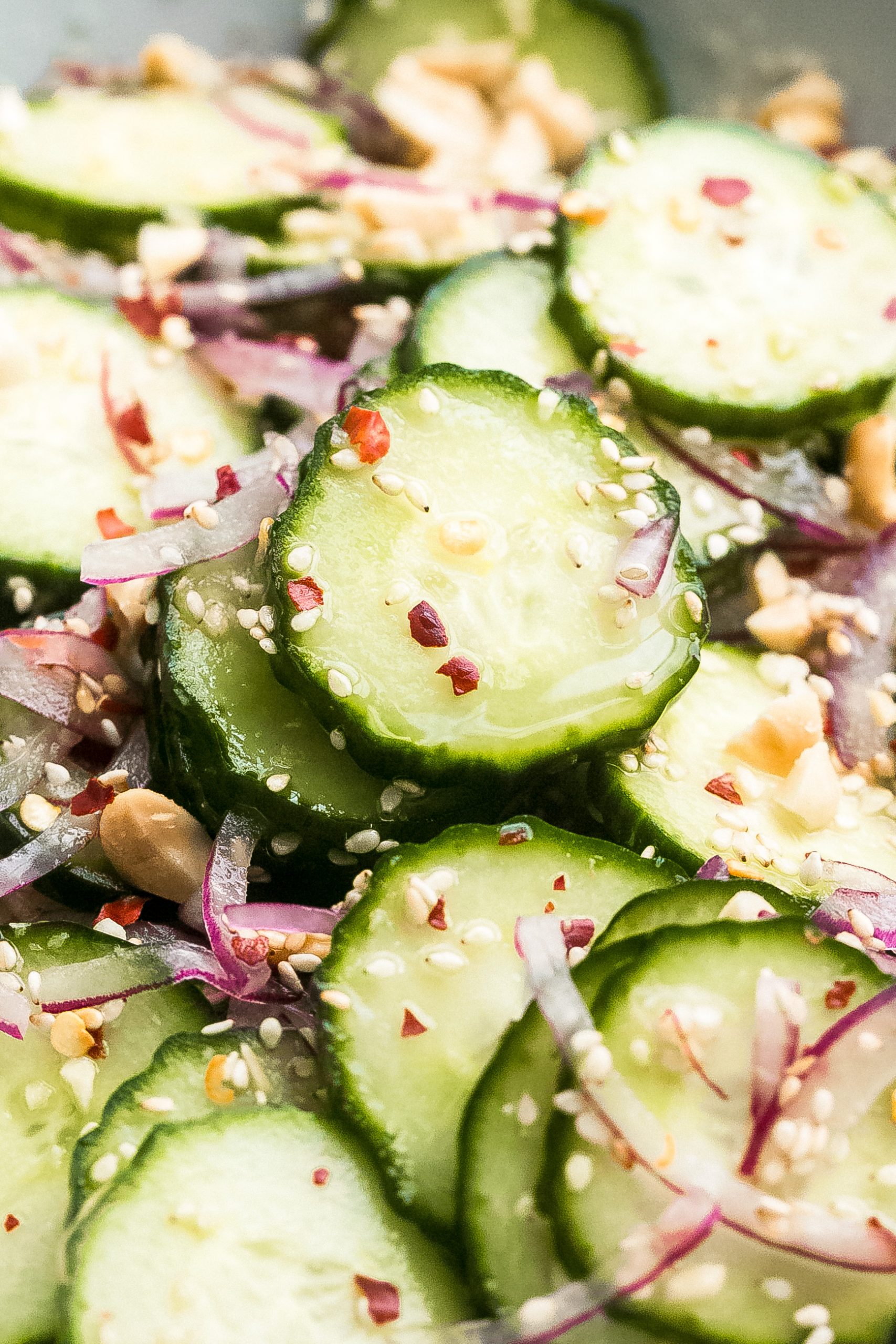 close up of pickled Thai cucumber salad