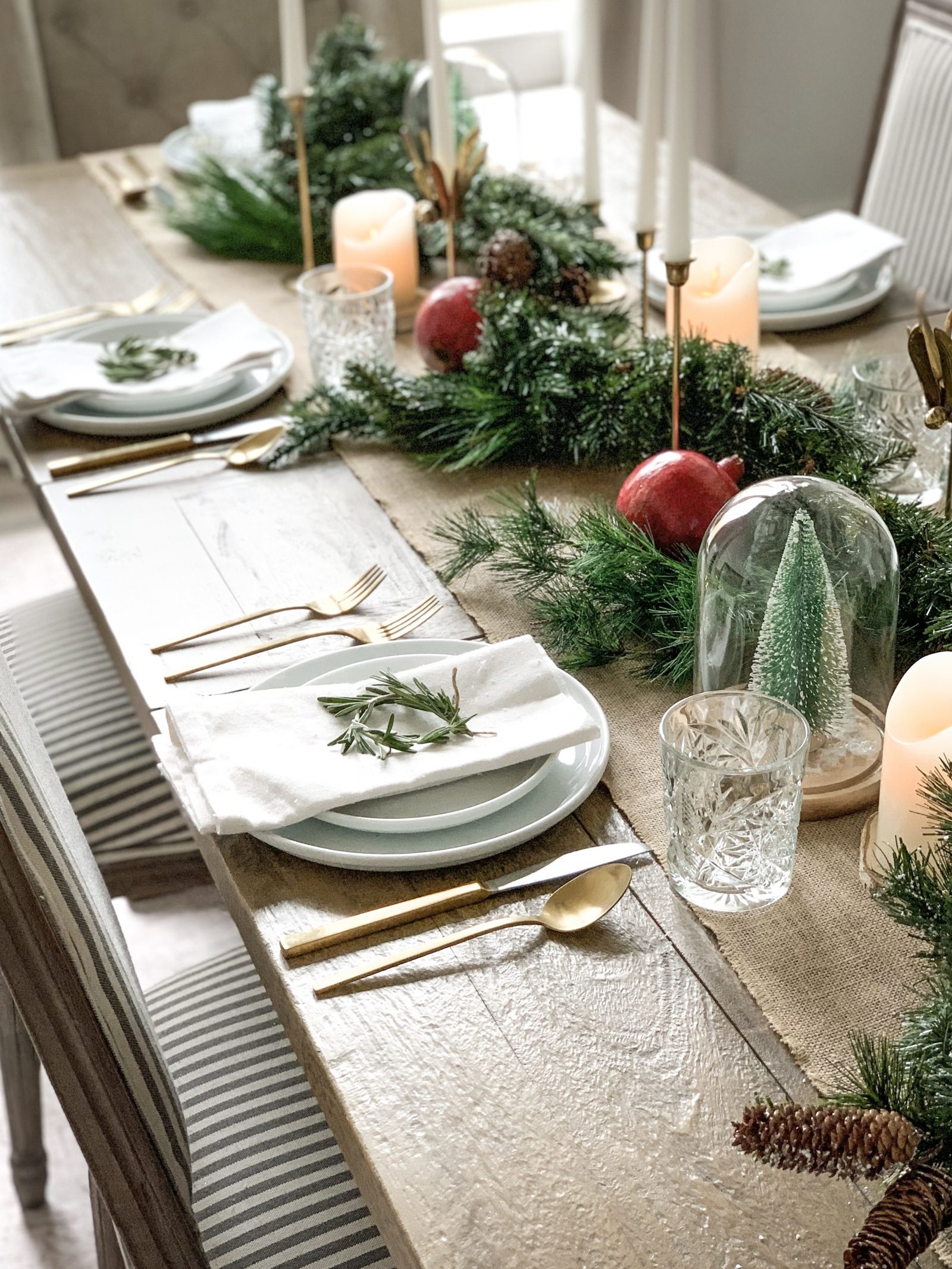 close up of place setting with woodsy holiday tablesccape