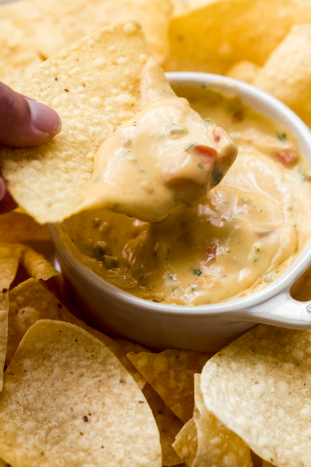 melted queso on tortilla chip close up