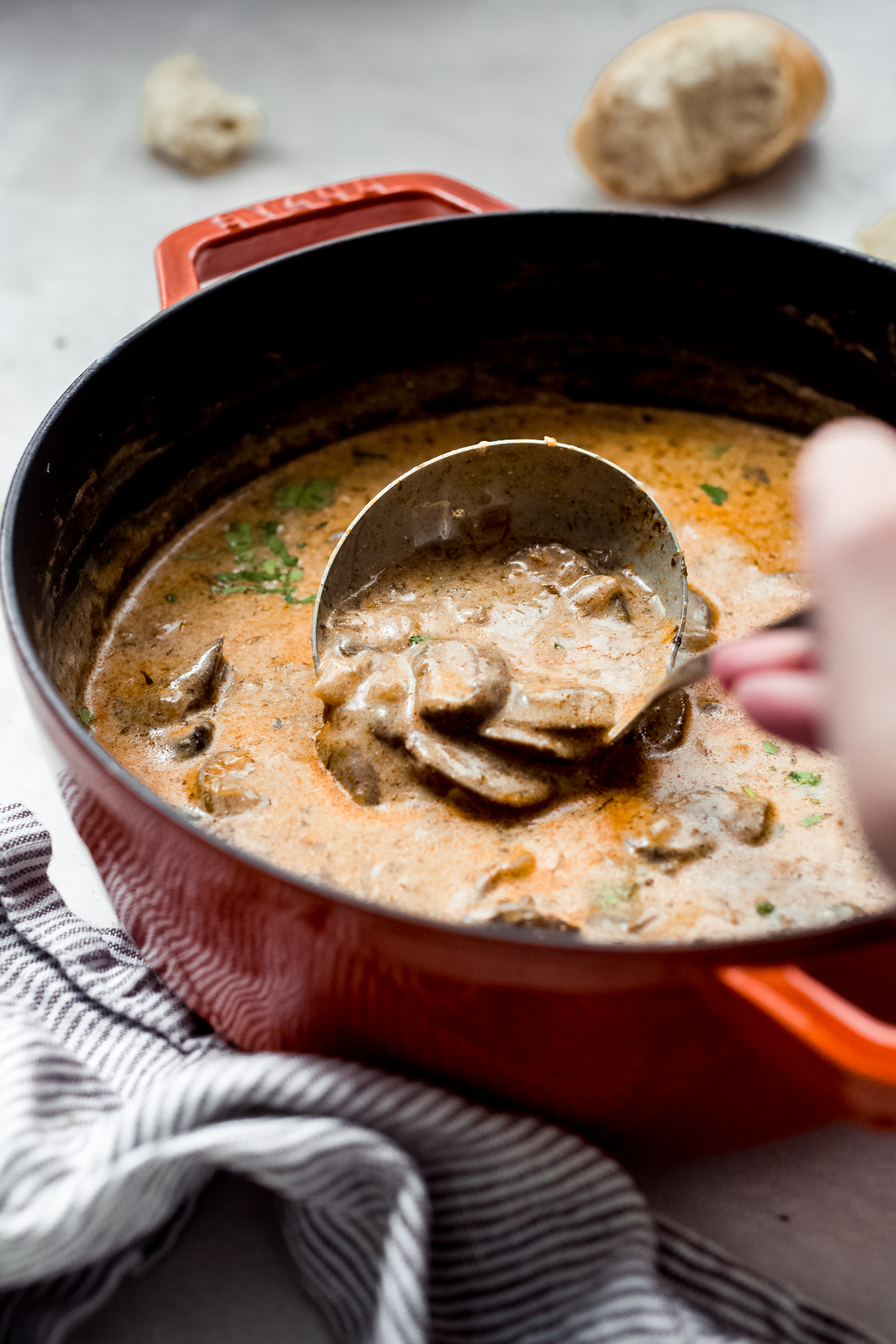 ladle in orange cast iron pot with mushroom soup