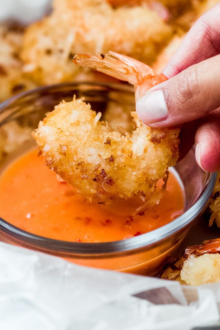 close up of coconut crusted shrimp