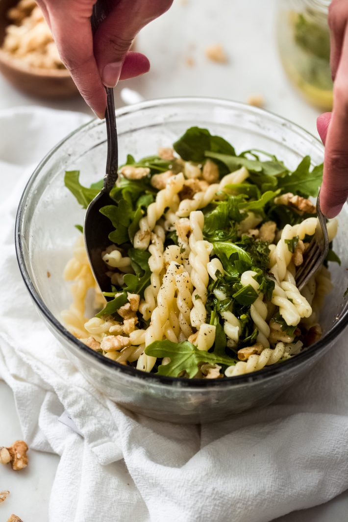 tossing pasta salad with lemon basil salad dressing
