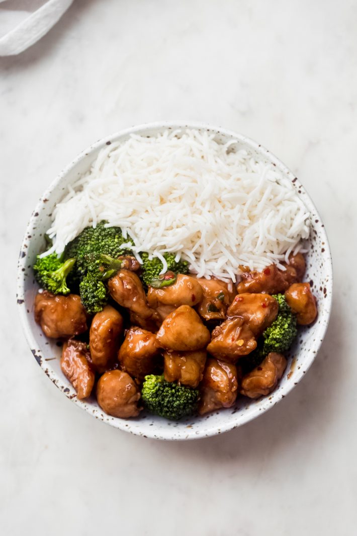 Teriyaki Chicken with broccoli in a bowl with rice