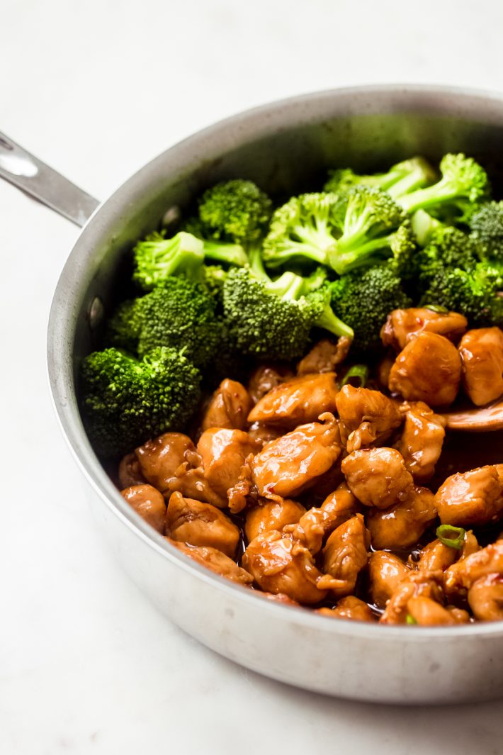 cooked Teriyaki Chicken in a pan with broccoli