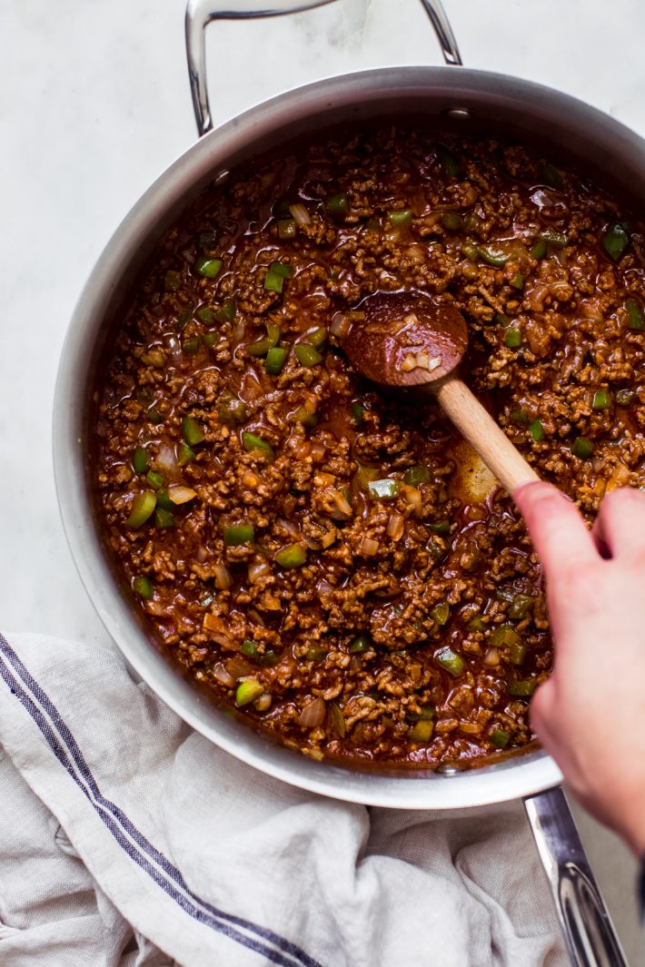Sloppy Joes cooked meat mixture in a pan