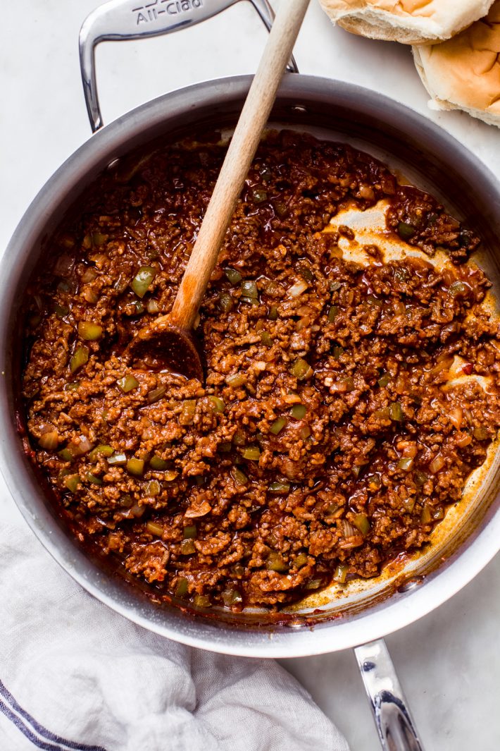 Sloppy Joes cooked meat mixture in a pan