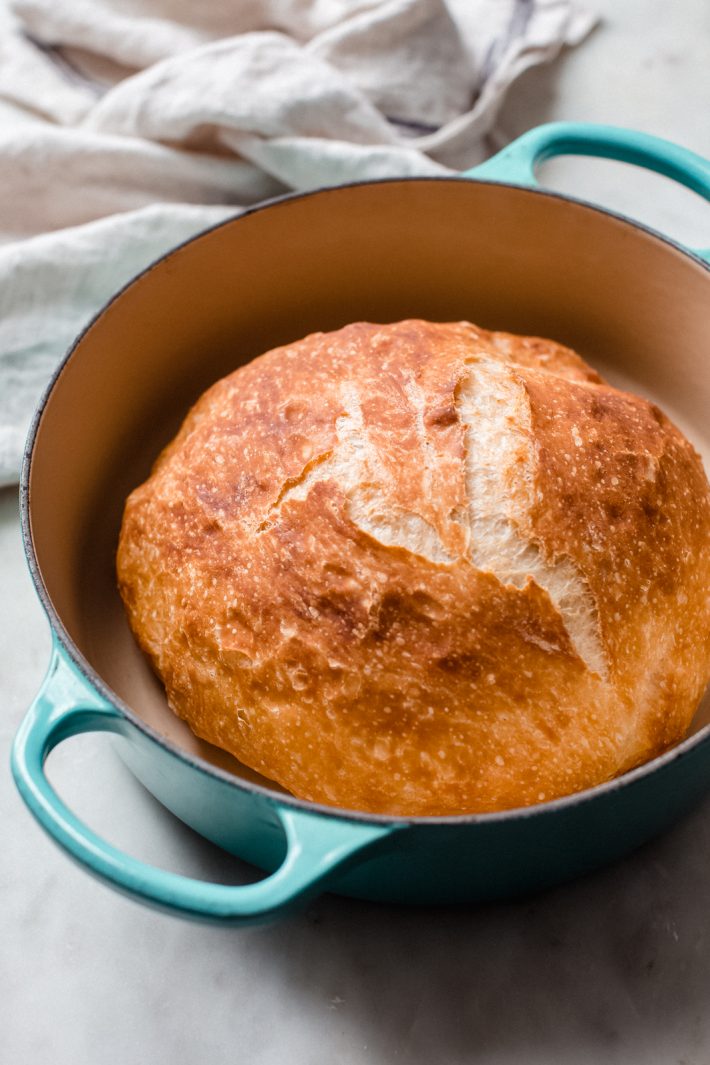 close up of bread baked in a dutch oven