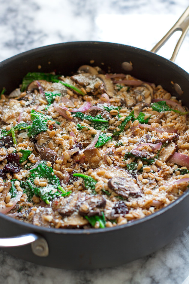 Warm Farro Salad with Spinach and Mushrooms