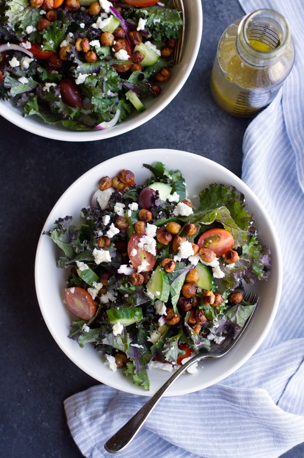 Kale Greek Salad with Roasted Chickpea Croutons