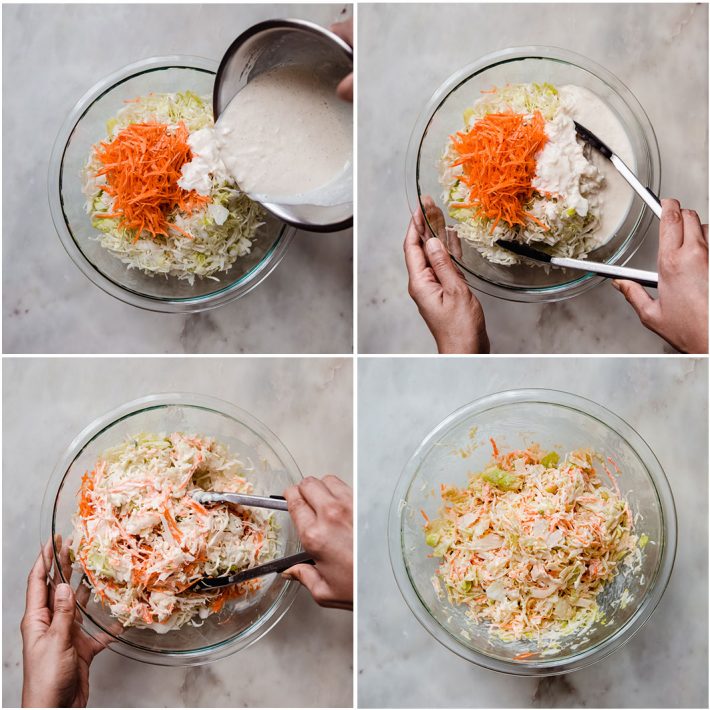 the process of dressing coleslaw. From pouring the dressing to tossing the salad