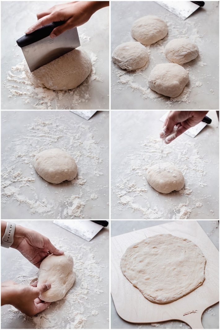 six pictures showing how to divide the dough then stretch one of the dough pieces into a pizza crust