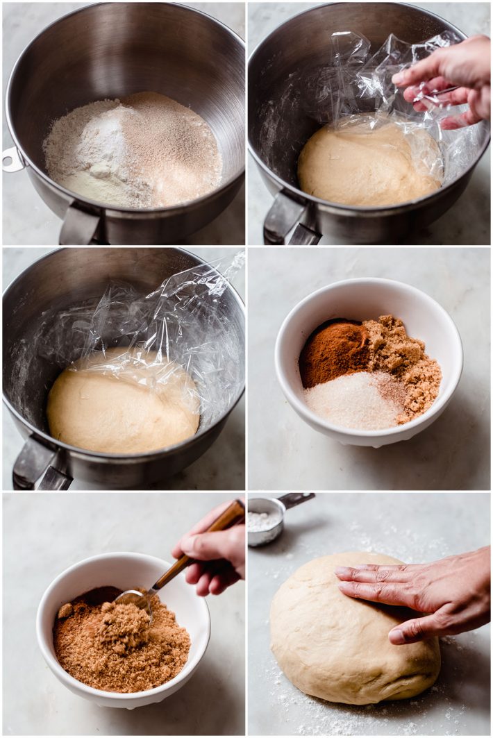 the dough process, and cinnamon sugar process of preparing cinnamon rolls