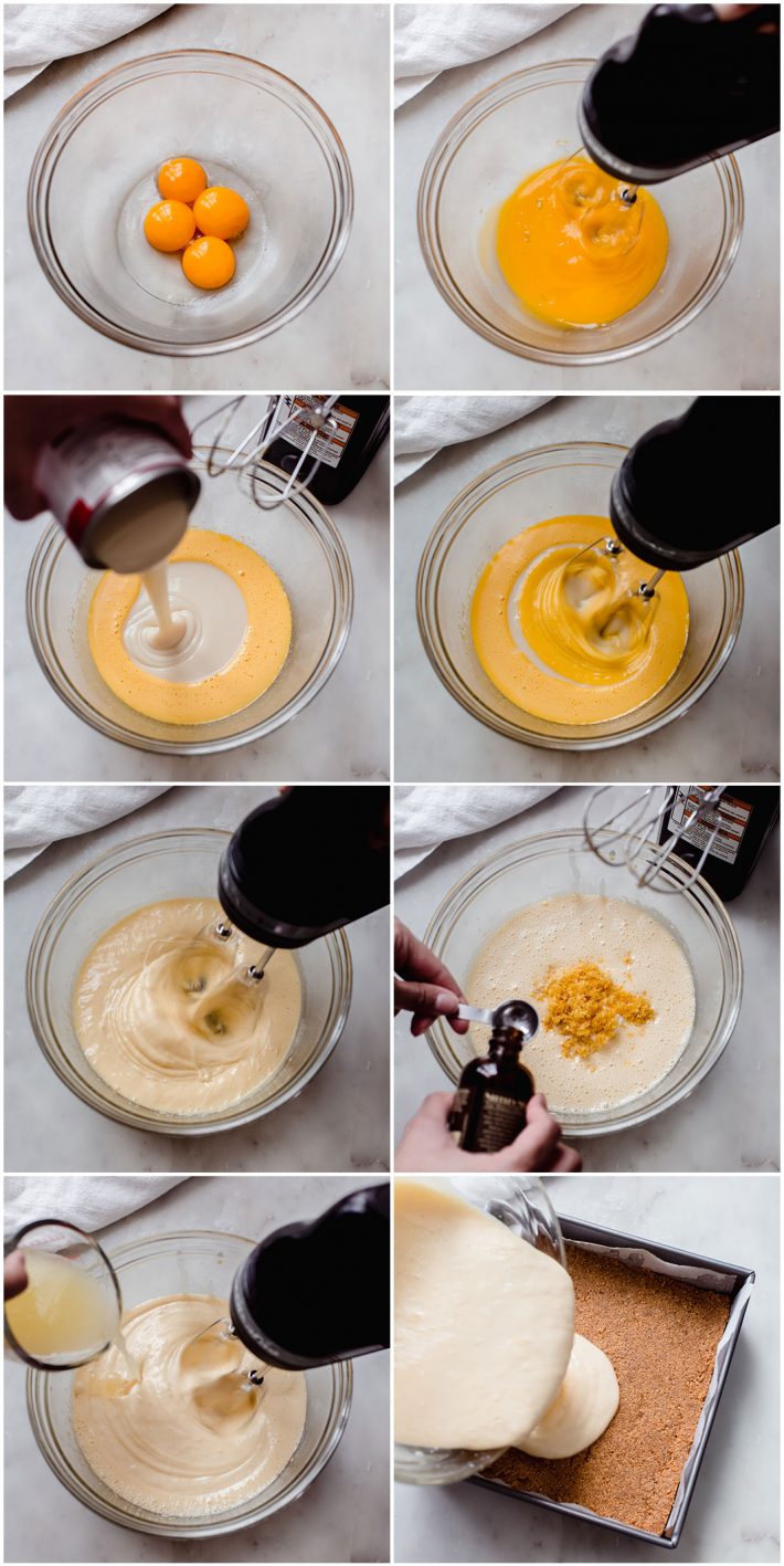the process shots for how to make the creamy filling for lemon bars