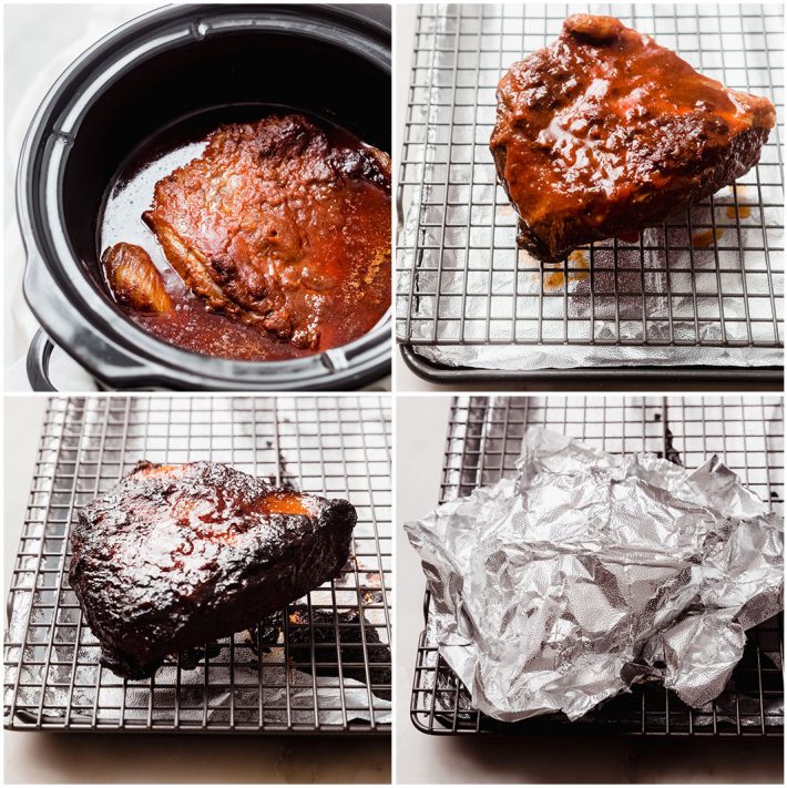 four images showing process, brisket in slow cooker, on sheet pan, after baking, covered with foil