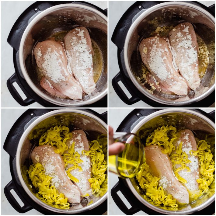 four images showing chicken with ranch, adding garlic, adding pepperonicini, and pouring in liquid