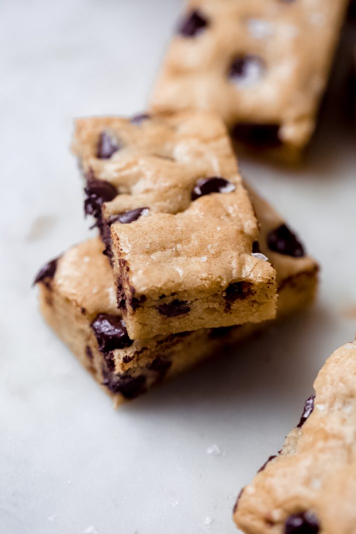 close up of cookie bars showing texture and flakes of sea salt