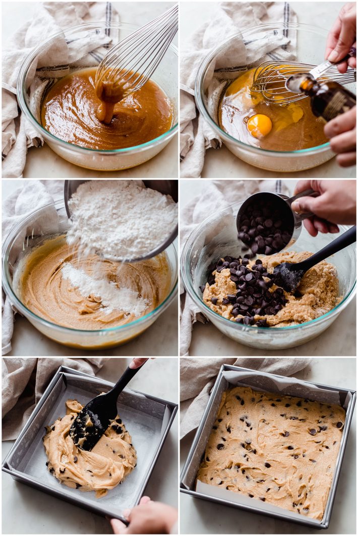 six images in one collage showing the steps on how to make bars, from whisking, to incorporating flour, chocolate chips, and spreading in pan