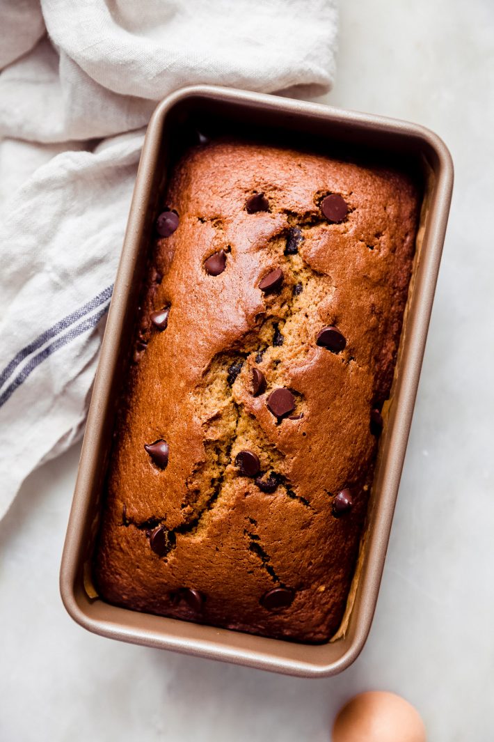 pumpkin bread with chocolate chips in baking pan
