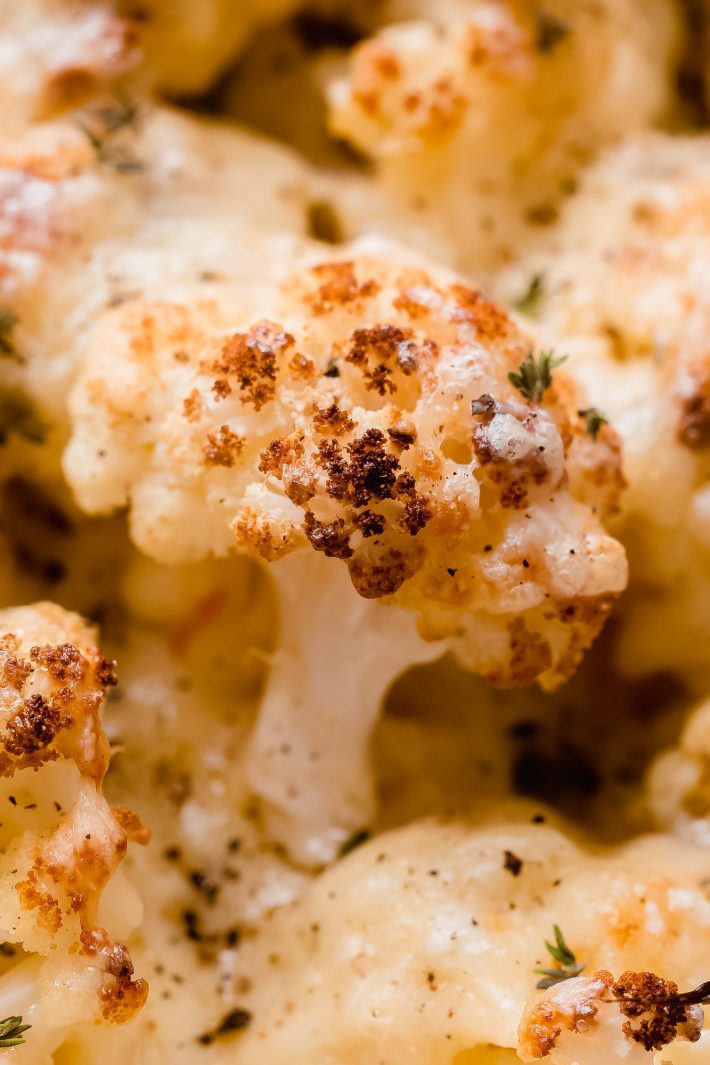 close up of roasted cauliflower cheese