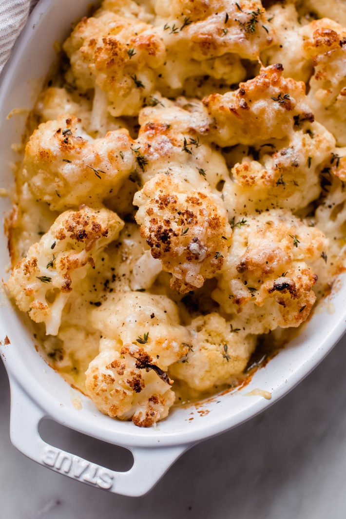 bubbly baked cauliflower with cheese sauce