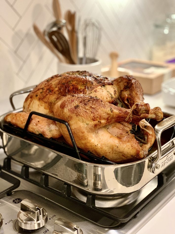 roasted turkey in roasting pan
