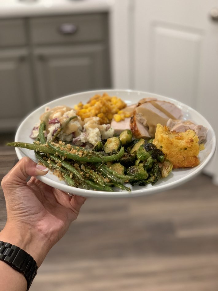 plate loaded with thanksgiving food