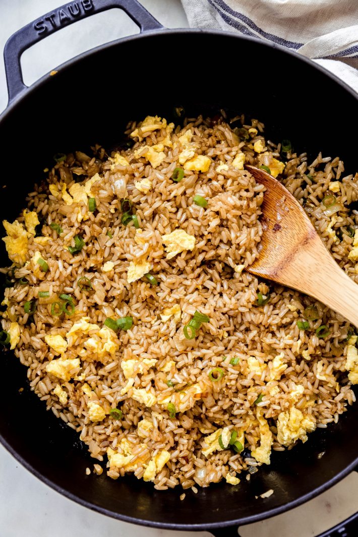 hibachi fried rice in cast iron double handle fry pan