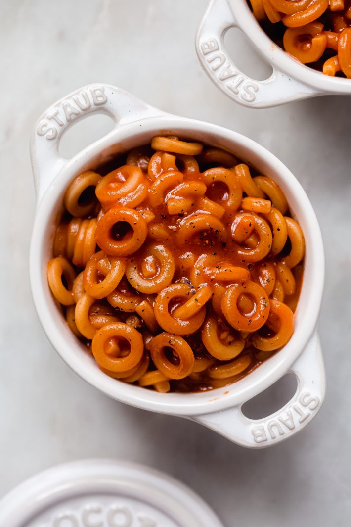 casserole pan with prepared spaghetti hoops in tomato sauce
