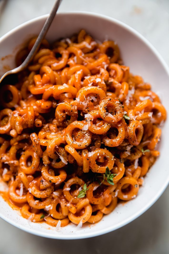 prepared anellini pasta in tomato sauce