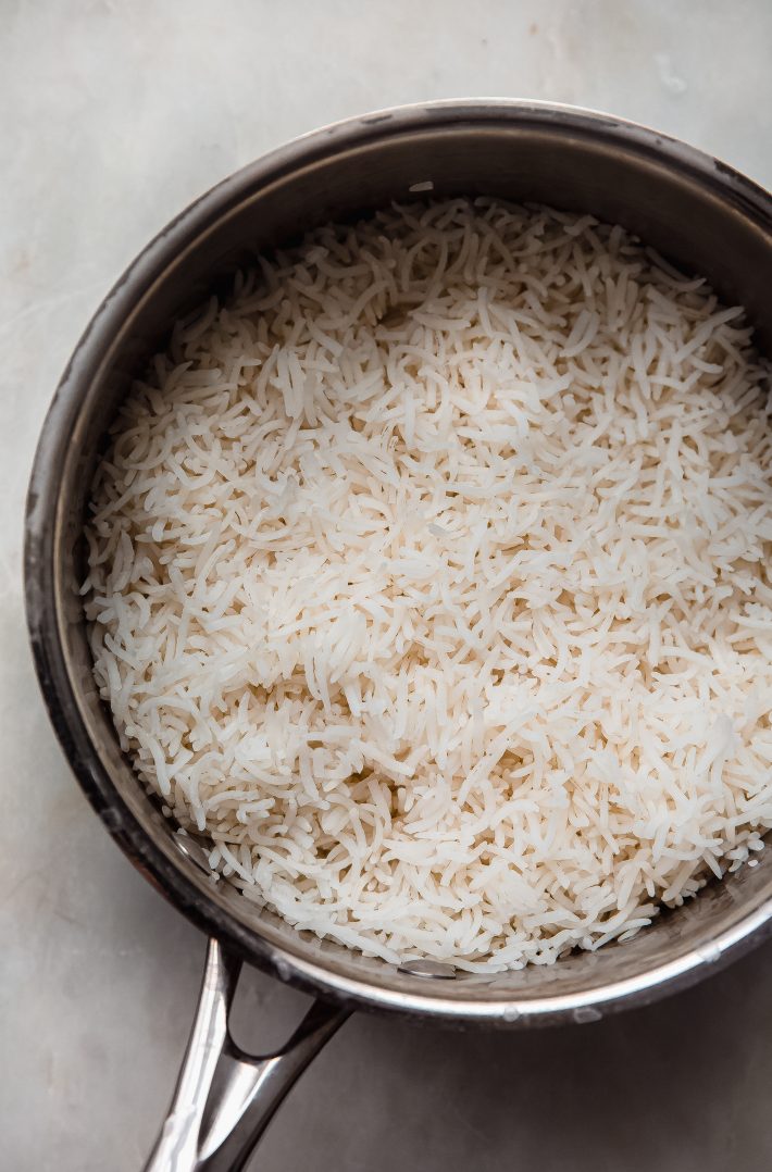 cooked basmati rice in saucepan 