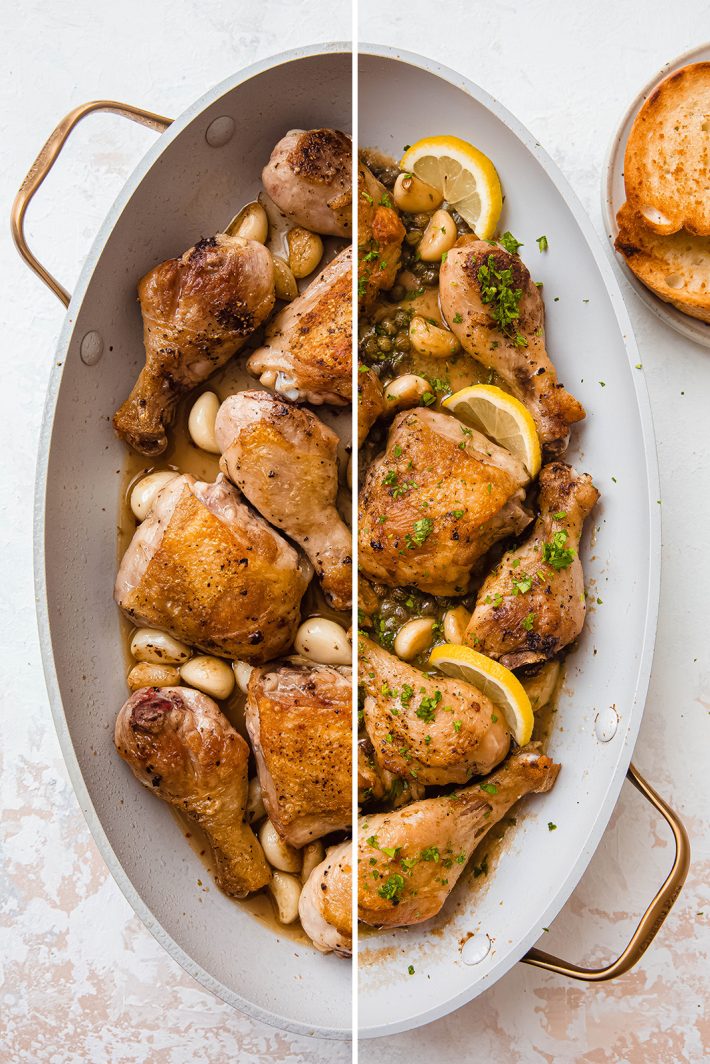 before and after of braised chicken thighs with garlic cloves and lemon slices