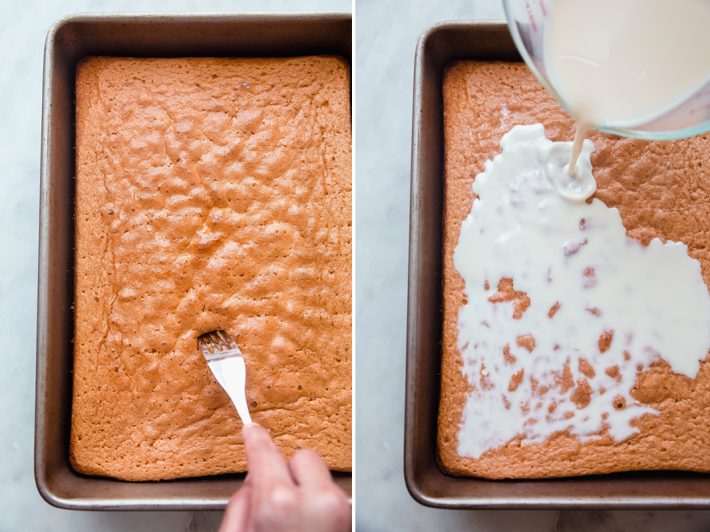 two images showing how to soak Tres Leches Cake with milk