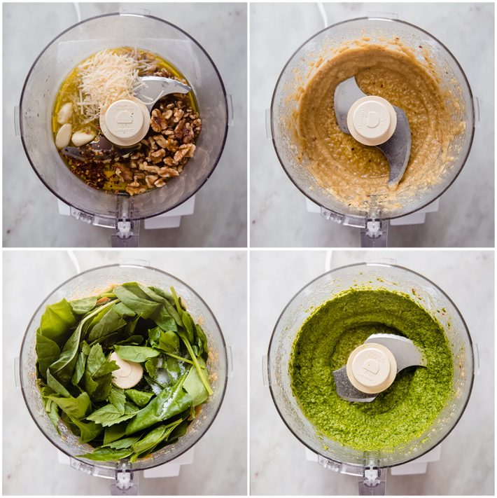 images showing the process of making walnut spinach pesto