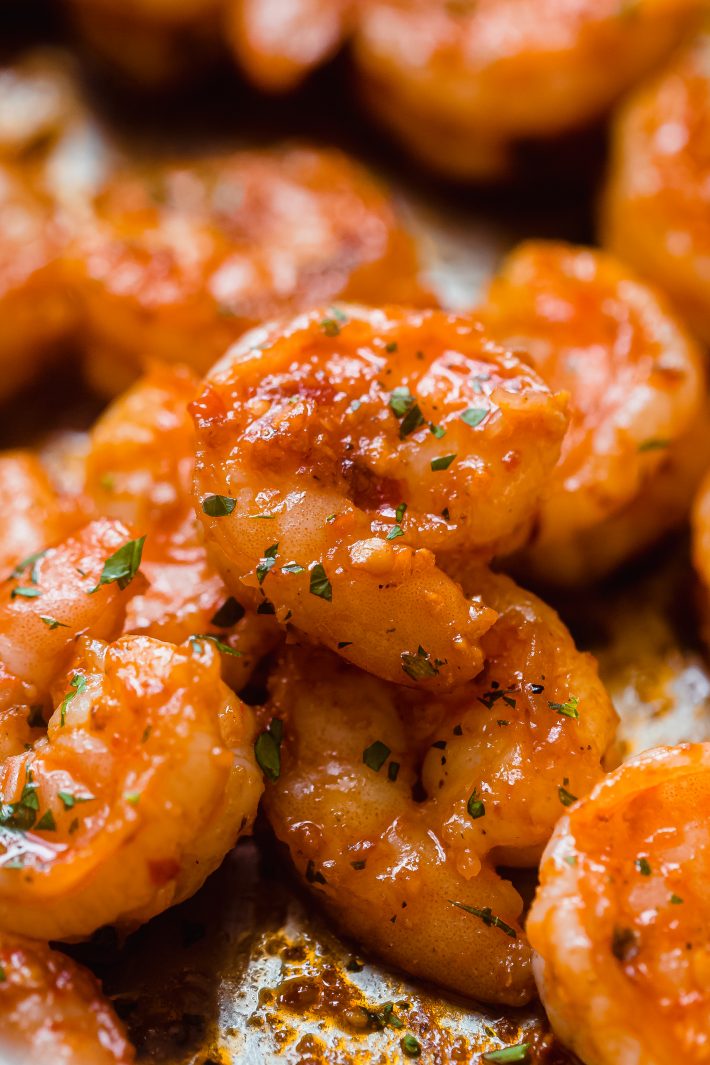 close up of shrimp with chili butter