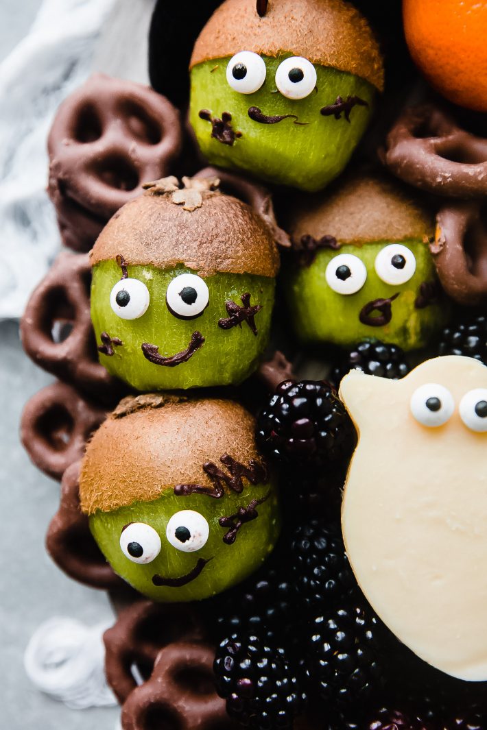 frankensteins made out of kiwi, chocolate, and candy eyeballs