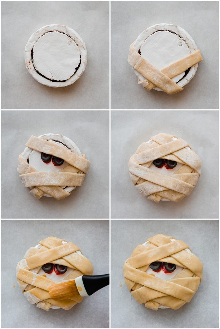 process steps for how to wrap brie in puff pastry to look like a mummy
