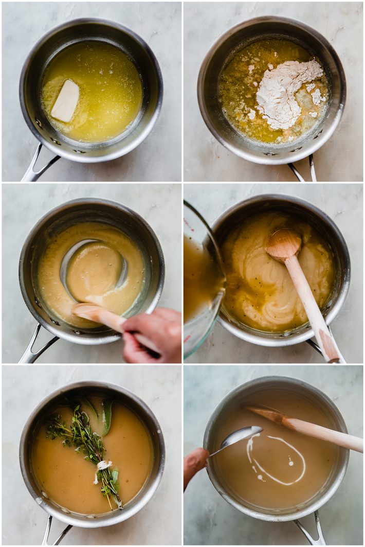 process pictures for making a butter and flour roux and then gravy