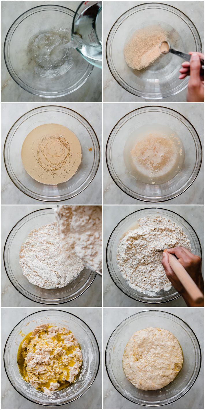 step pictures for how to mix the dough for no knead focaccia