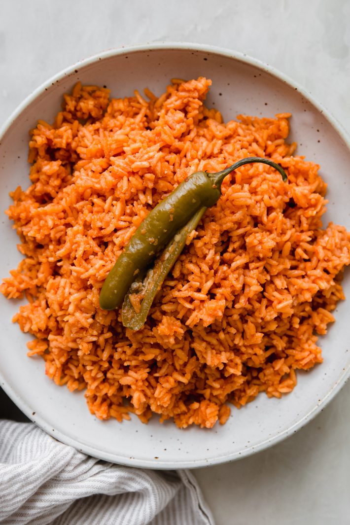 Mexican rice in speckled plate