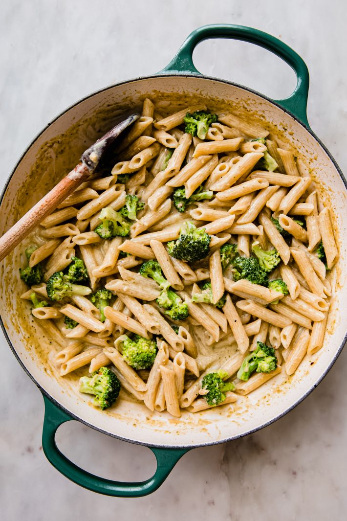 penne in creamy pesto sauce with broccoli