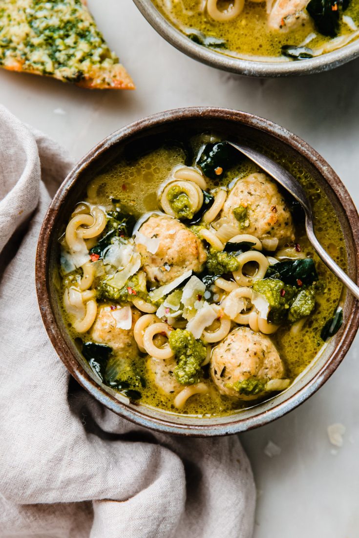 Pesto Chicken Meatball Soup in Parmesan Broth