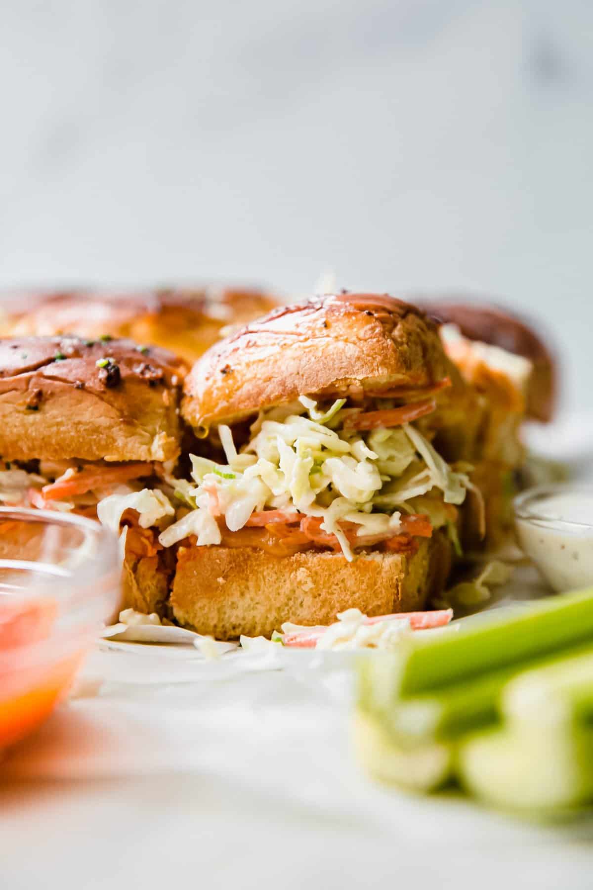 Buffalo Chicken Sliders with Ranch Blue Cheese Slaw | Little Spice Jar